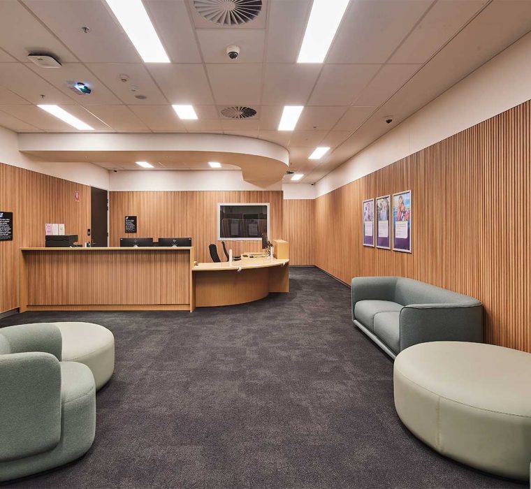 Reception seating area in federal government office fitout Parramatta Australia