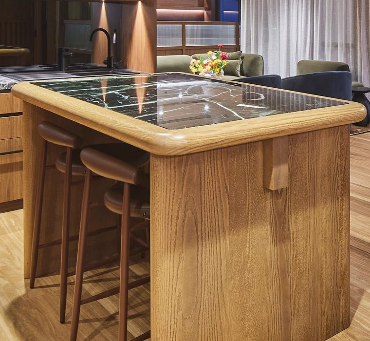 Bar-style collaboration table in W Property office fitout, Sydney, NSW, Australia